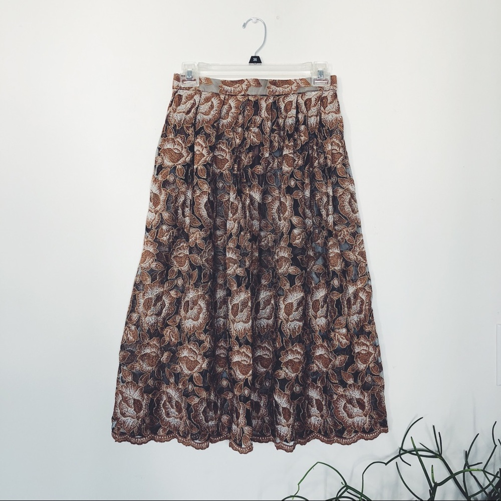 Vintage Floral Embroidered Mesh Midi Skirt